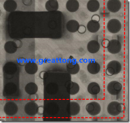 BGA錫球尺寸小于0.4mm，采用降低BGA內(nèi)圍襲球的錫膏量所得到X-Ray，稍微留意一下可以發(fā)現(xiàn)最外圈的錫量(圓的直徑)比其他內(nèi)圍的錫球上的錫量來(lái)得多一點(diǎn)點(diǎn)。也就是外圈的黑色圓形直徑比內(nèi)圈的圓形來(lái)得大一點(diǎn)點(diǎn)。