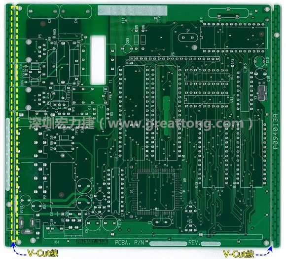 所謂【V-cut】是印刷電路板(PCB)廠商依據客戶的圖紙要求,事先在PCB的特定位置用轉盤刀具切割好的一條條分割線,其目的是為了方便后續SMT電路板組裝完成后的「分板(De-panel)」之用,因為其切割后的外型看起來就像個英文的【V】字型,因此得名。